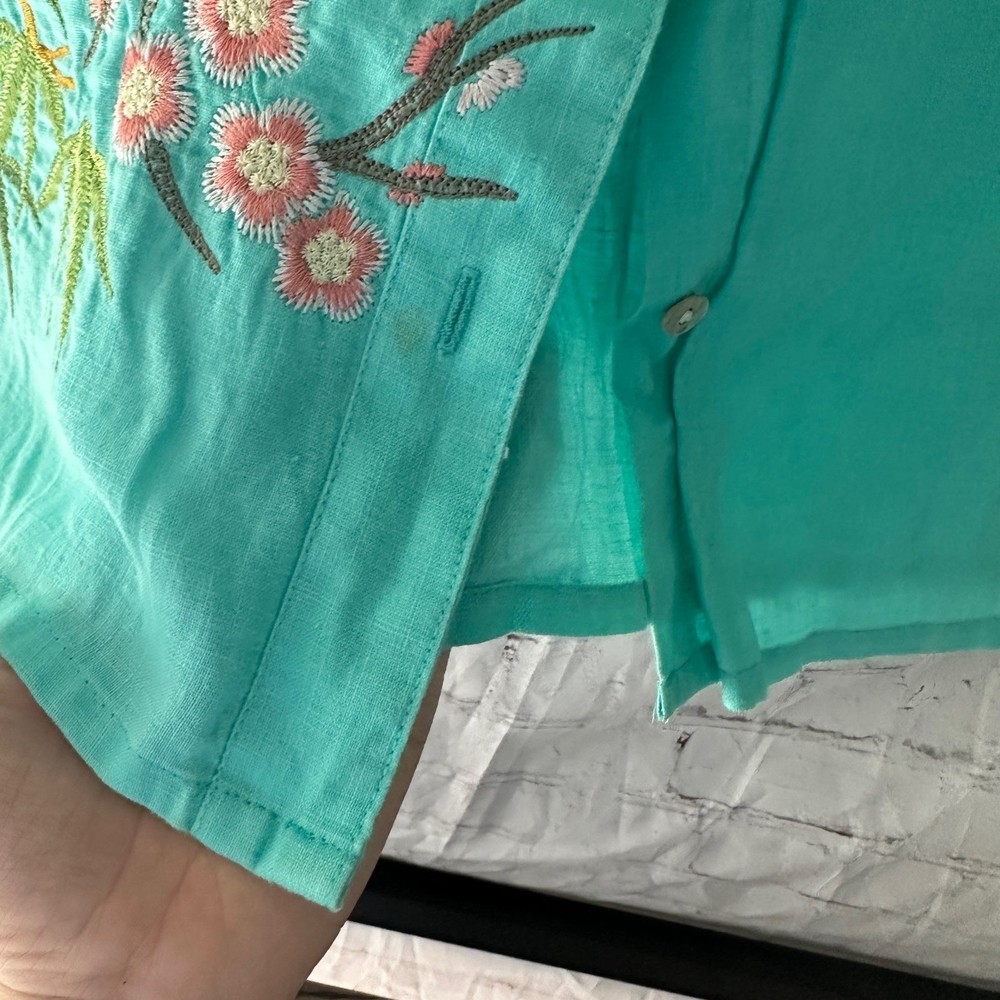 David N 100% Linen Seafoam Green Embroidered Colorful Peacock Blouse L - Picture 11 of 12